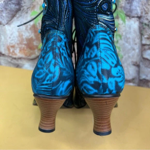 CY Blue Leather and TextilePeacock Feather Lace-Up Cuban Heel Boots, 41/10 - Picture 7 of 13